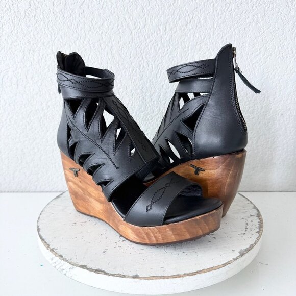 Lane Boots BECCA Womens Black Wedges 8.5 Western Sandals Cowgirl Wooden Heels - Picture 10 of 10